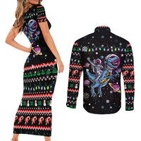 Astronauts Ride A T Rex In Space With The Planet Christmas Couples Matching Short Sleeve Bodycon Dress and Long Sleeve Button Shirt Xmas Holiday Patterns - Wonder Print Shop