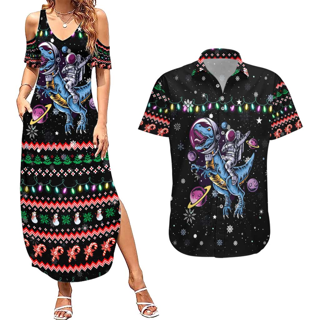 Astronauts Ride A T Rex In Space With The Planet Christmas Couples Matching Summer Maxi Dress and Hawaiian Shirt Xmas Holiday Patterns - Wonder Print Shop