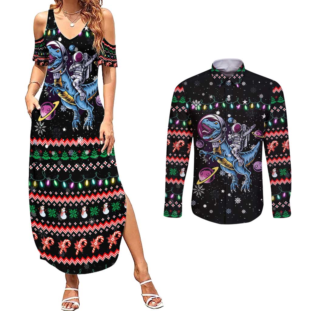 Astronauts Ride A T Rex In Space With The Planet Christmas Couples Matching Summer Maxi Dress and Long Sleeve Button Shirt Xmas Holiday Patterns - Wonder Print Shop
