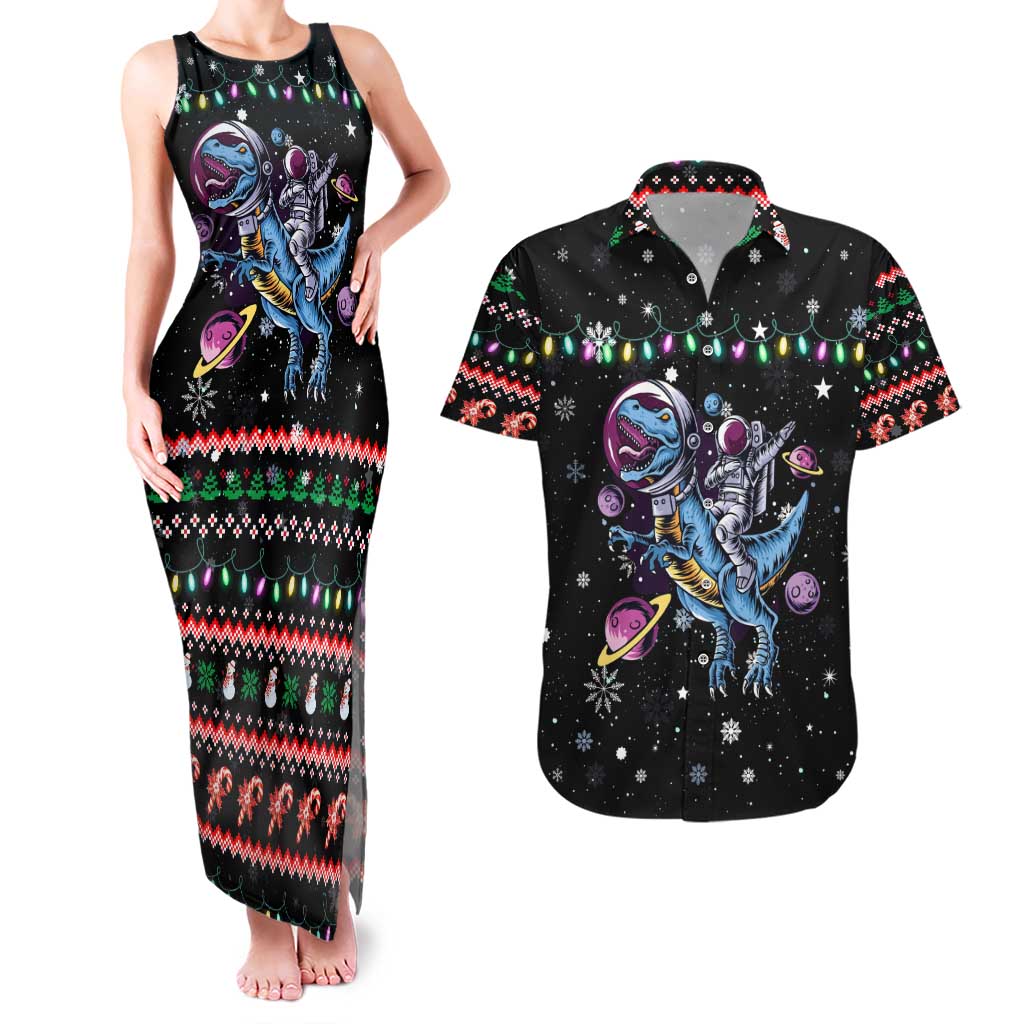 Astronauts Ride A T Rex In Space With The Planet Christmas Couples Matching Tank Maxi Dress and Hawaiian Shirt Xmas Holiday Patterns - Wonder Print Shop