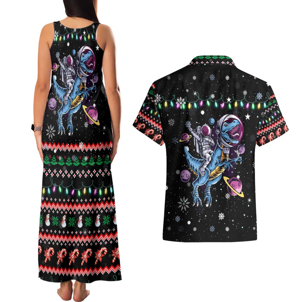 Astronauts Ride A T Rex In Space With The Planet Christmas Couples Matching Tank Maxi Dress and Hawaiian Shirt Xmas Holiday Patterns - Wonder Print Shop