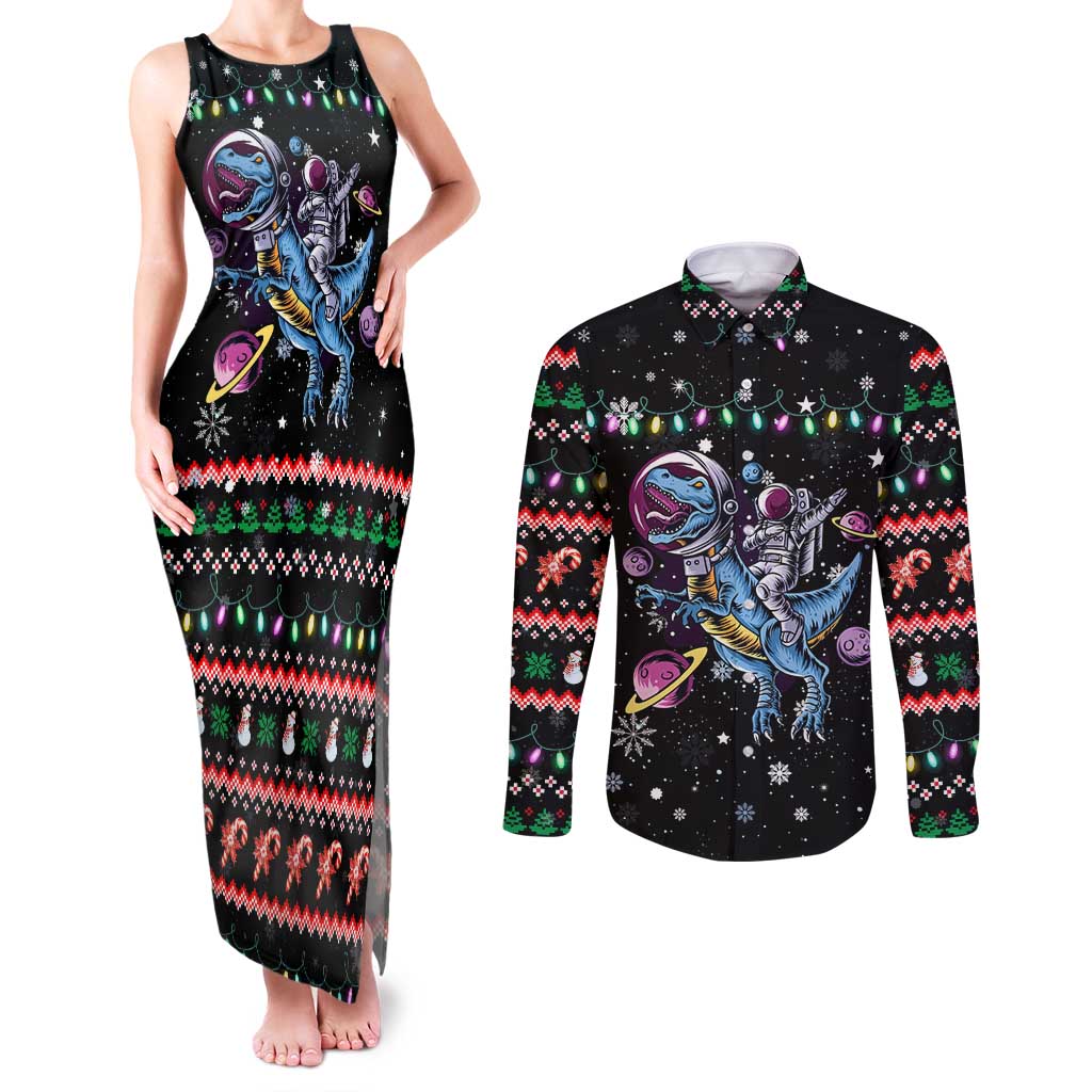 Astronauts Ride A T Rex In Space With The Planet Christmas Couples Matching Tank Maxi Dress and Long Sleeve Button Shirt Xmas Holiday Patterns - Wonder Print Shop