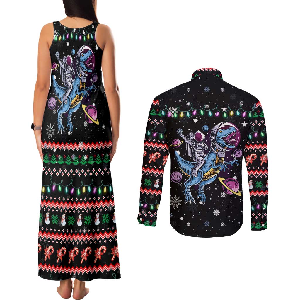 Astronauts Ride A T Rex In Space With The Planet Christmas Couples Matching Tank Maxi Dress and Long Sleeve Button Shirt Xmas Holiday Patterns - Wonder Print Shop