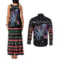 Astronauts Ride A T Rex In Space With The Planet Christmas Couples Matching Tank Maxi Dress and Long Sleeve Button Shirt Xmas Holiday Patterns - Wonder Print Shop