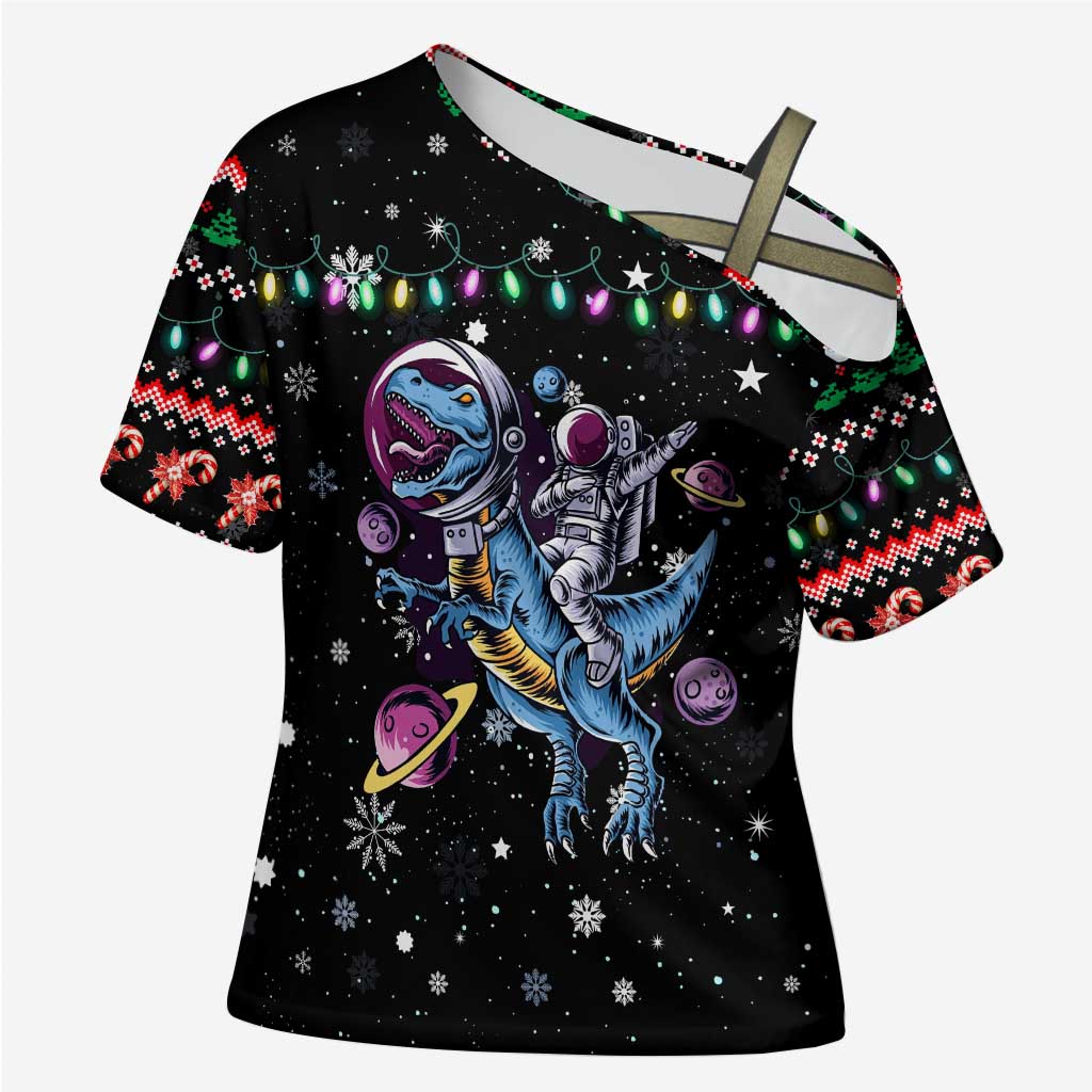 Astronauts Ride A T Rex In Space With The Planet Christmas Cross Shoulder Shirt Xmas Holiday Patterns - Wonder Print Shop
