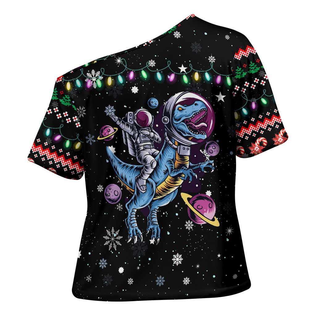 Astronauts Ride A T Rex In Space With The Planet Christmas Cross Shoulder Shirt Xmas Holiday Patterns - Wonder Print Shop