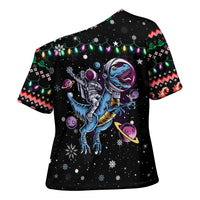 Astronauts Ride A T Rex In Space With The Planet Christmas Cross Shoulder Shirt Xmas Holiday Patterns - Wonder Print Shop