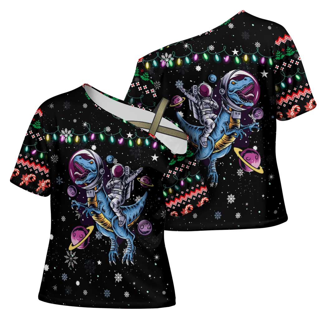 Astronauts Ride A T Rex In Space With The Planet Christmas Cross Shoulder Shirt Xmas Holiday Patterns - Wonder Print Shop