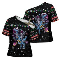 Astronauts Ride A T Rex In Space With The Planet Christmas Cross Shoulder Shirt Xmas Holiday Patterns - Wonder Print Shop