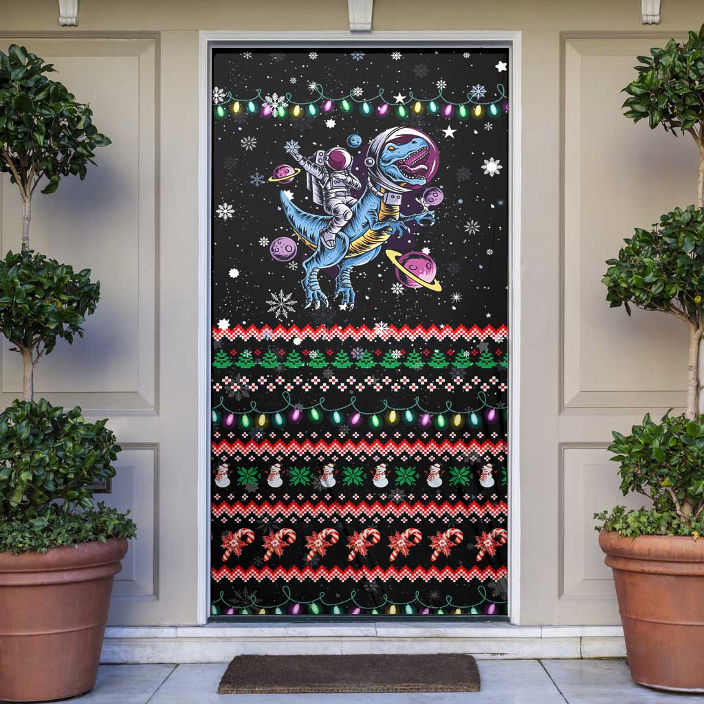 Astronauts Ride A T Rex In Space With The Planet Christmas Door Cover Xmas Holiday Patterns - Wonder Print Shop