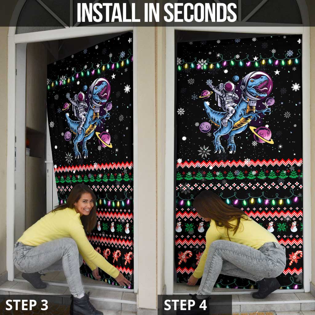 Astronauts Ride A T Rex In Space With The Planet Christmas Door Cover Xmas Holiday Patterns - Wonder Print Shop