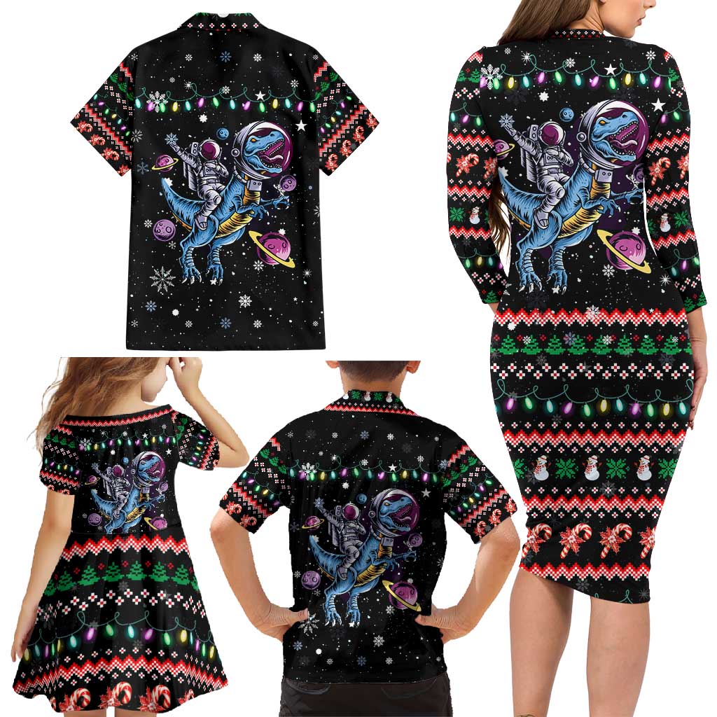 Astronauts Ride A T Rex In Space With The Planet Christmas Family Matching Long Sleeve Bodycon Dress and Hawaiian Shirt Xmas Holiday Patterns - Wonder Print Shop