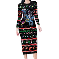 Astronauts Ride A T Rex In Space With The Planet Christmas Family Matching Long Sleeve Bodycon Dress and Hawaiian Shirt Xmas Holiday Patterns - Wonder Print Shop