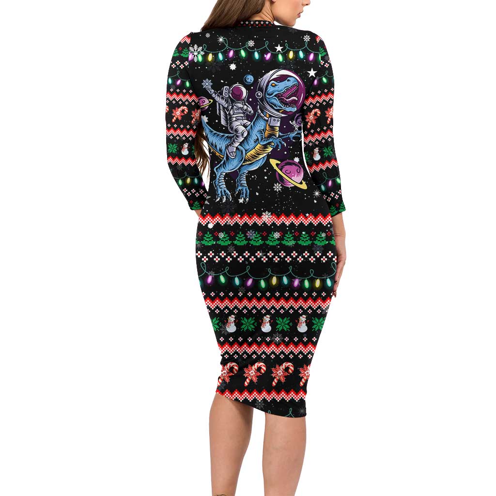 Astronauts Ride A T Rex In Space With The Planet Christmas Family Matching Long Sleeve Bodycon Dress and Hawaiian Shirt Xmas Holiday Patterns - Wonder Print Shop