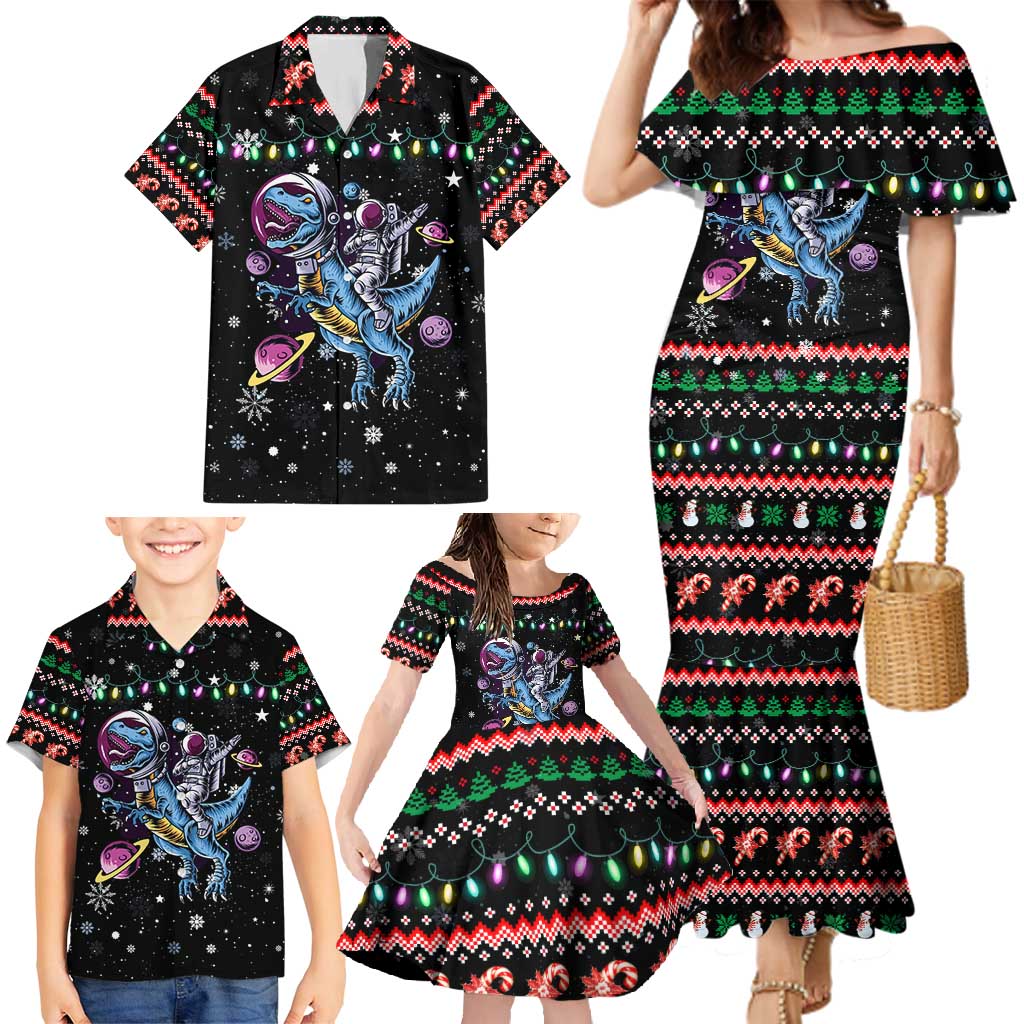 Astronauts Ride A T Rex In Space With The Planet Christmas Family Matching Mermaid Dress and Hawaiian Shirt Xmas Holiday Patterns - Wonder Print Shop