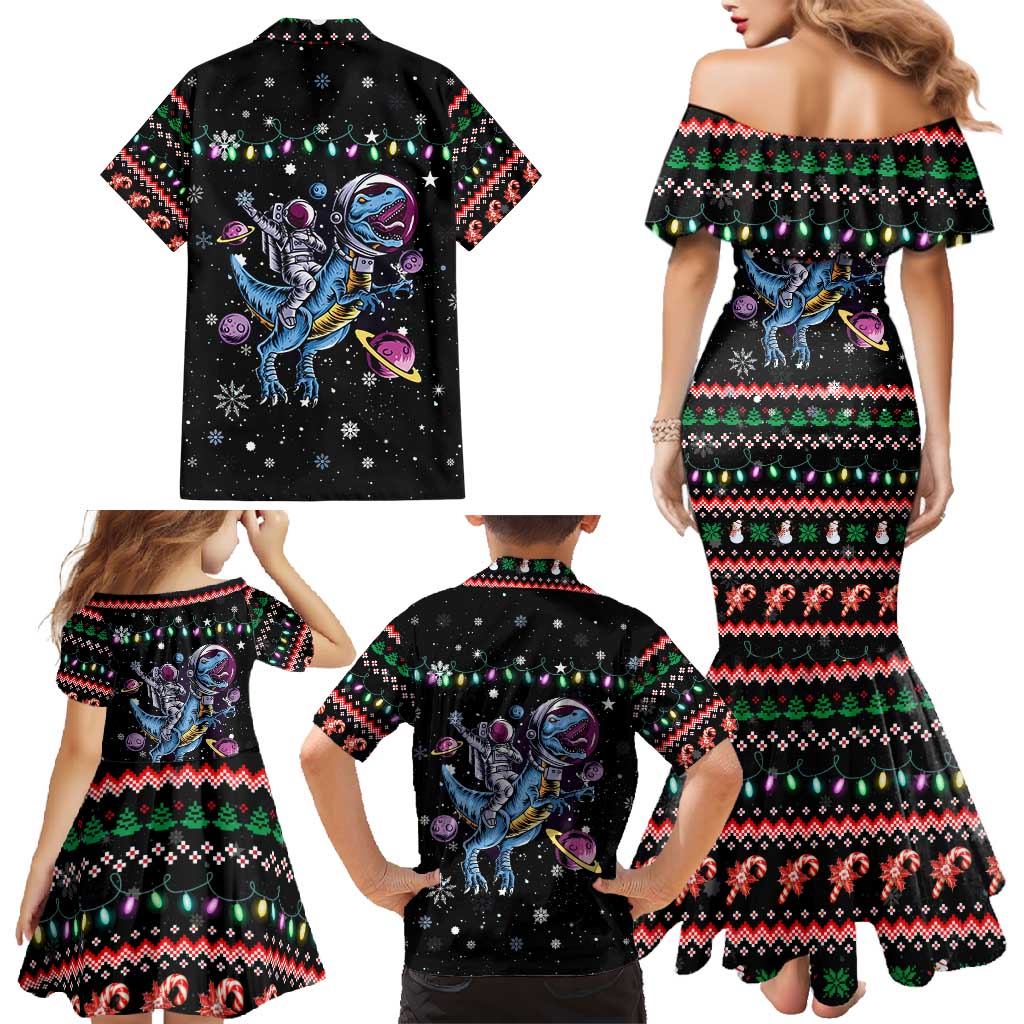 Astronauts Ride A T Rex In Space With The Planet Christmas Family Matching Mermaid Dress and Hawaiian Shirt Xmas Holiday Patterns - Wonder Print Shop