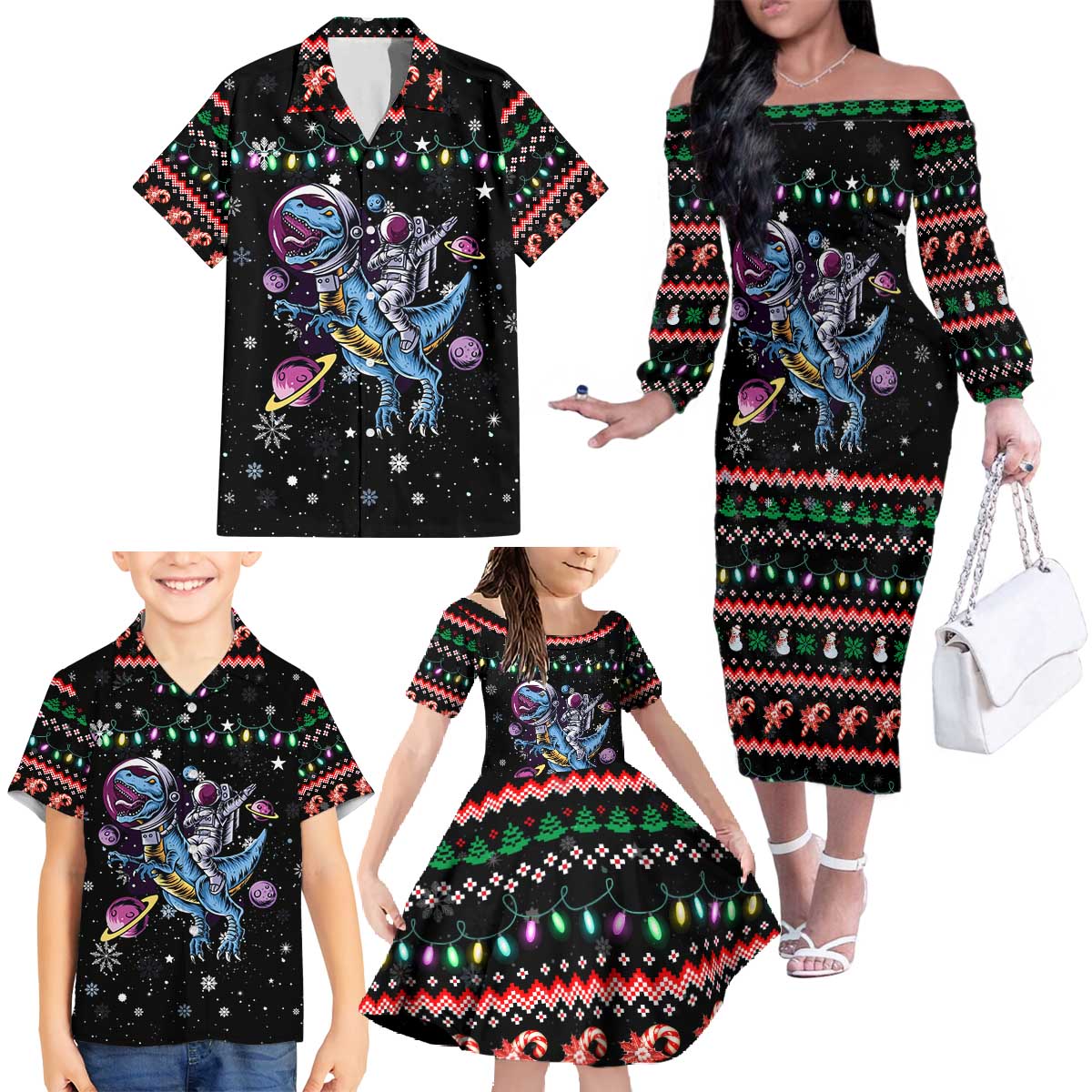 Astronauts Ride A T Rex In Space With The Planet Christmas Family Matching Off The Shoulder Long Sleeve Dress and Hawaiian Shirt Xmas Holiday Patterns - Wonder Print Shop