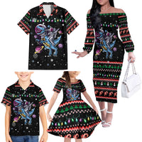 Astronauts Ride A T Rex In Space With The Planet Christmas Family Matching Off The Shoulder Long Sleeve Dress and Hawaiian Shirt Xmas Holiday Patterns - Wonder Print Shop