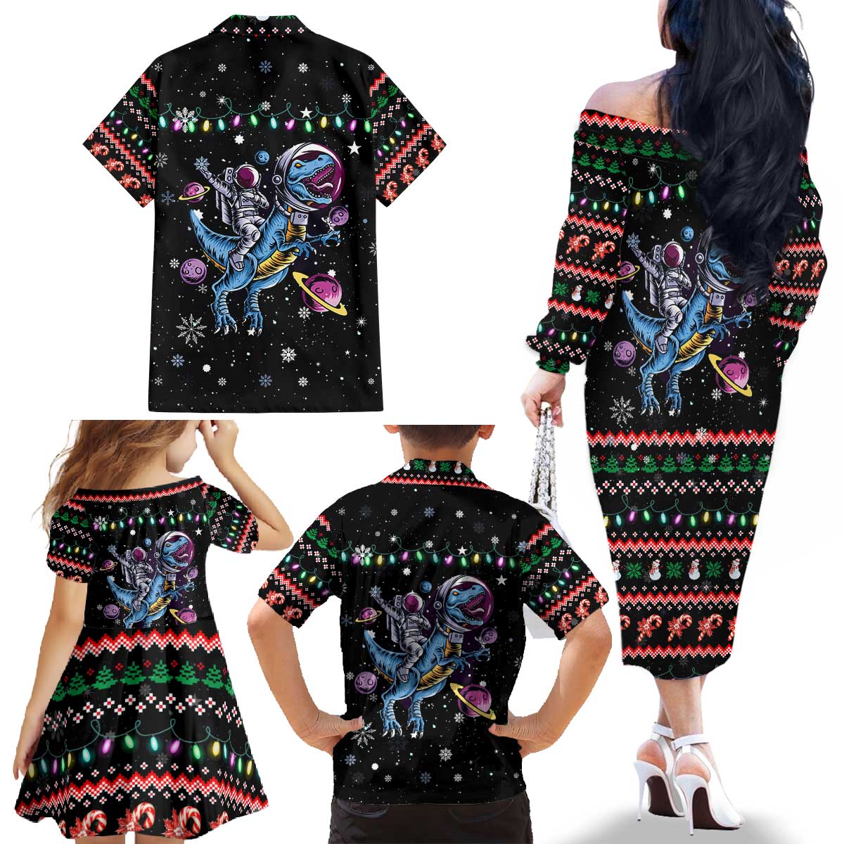 Astronauts Ride A T Rex In Space With The Planet Christmas Family Matching Off The Shoulder Long Sleeve Dress and Hawaiian Shirt Xmas Holiday Patterns - Wonder Print Shop