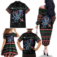 Astronauts Ride A T Rex In Space With The Planet Christmas Family Matching Off The Shoulder Long Sleeve Dress and Hawaiian Shirt Xmas Holiday Patterns - Wonder Print Shop