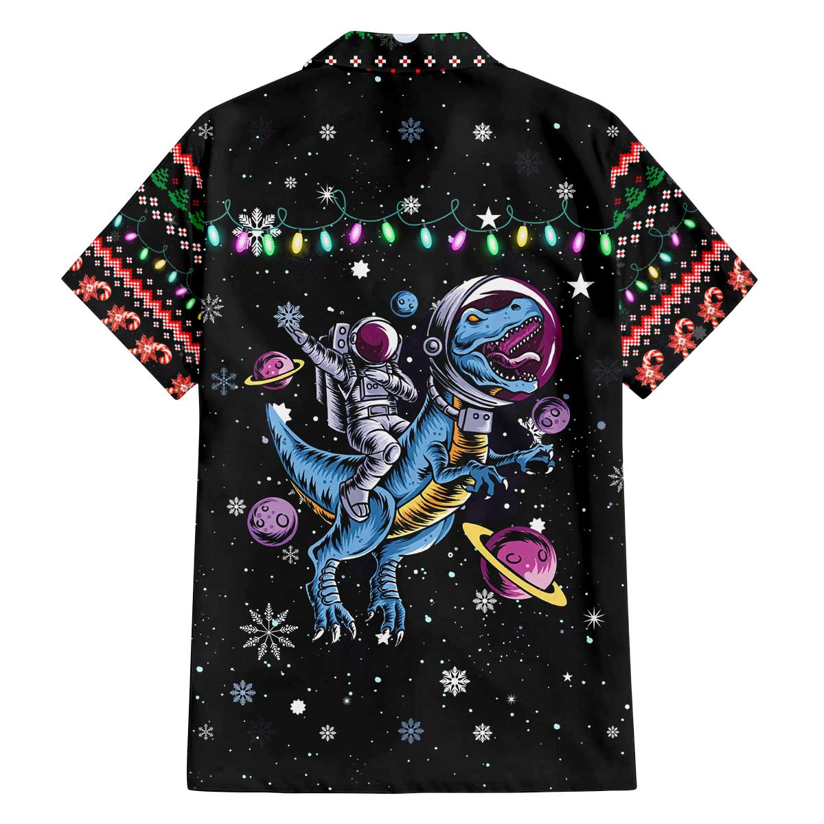 Astronauts Ride A T Rex In Space With The Planet Christmas Family Matching Off The Shoulder Long Sleeve Dress and Hawaiian Shirt Xmas Holiday Patterns - Wonder Print Shop