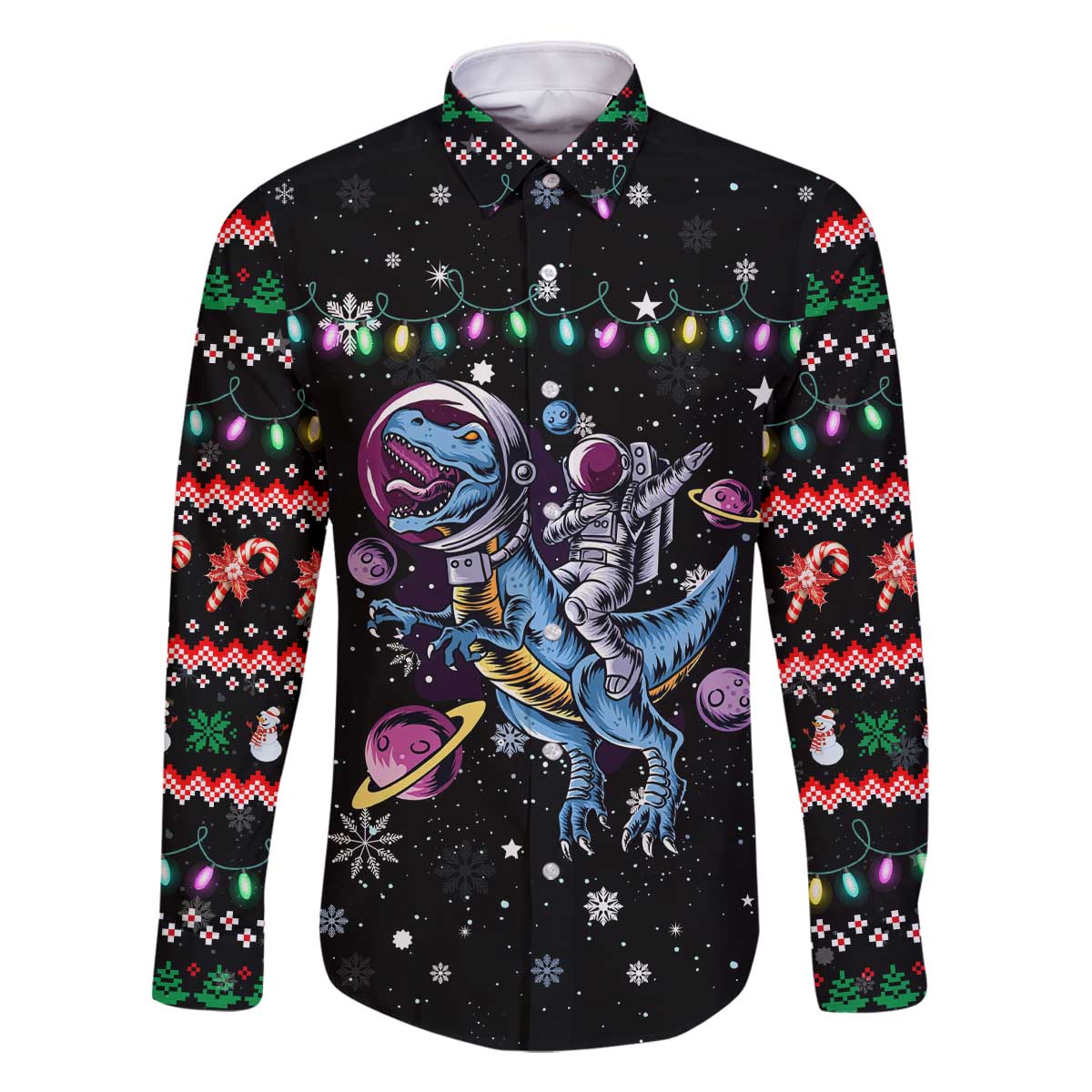 Astronauts Ride A T Rex In Space With The Planet Christmas Family Matching Off The Shoulder Long Sleeve Dress and Hawaiian Shirt Xmas Holiday Patterns - Wonder Print Shop