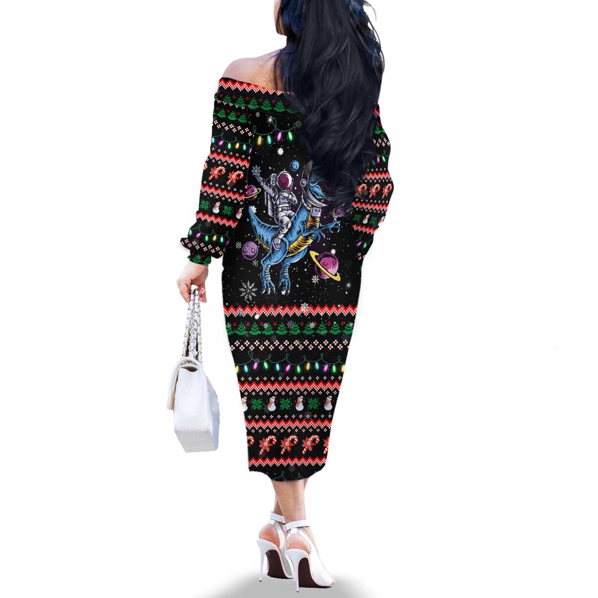 Astronauts Ride A T Rex In Space With The Planet Christmas Family Matching Off The Shoulder Long Sleeve Dress and Hawaiian Shirt Xmas Holiday Patterns - Wonder Print Shop