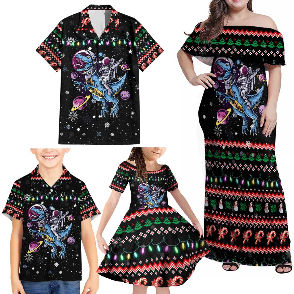 Astronauts Ride A T Rex In Space With The Planet Christmas Family Matching Off Shoulder Maxi Dress and Hawaiian Shirt Xmas Holiday Patterns - Wonder Print Shop