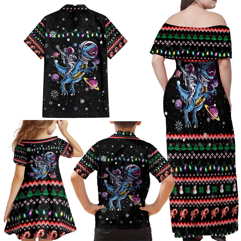 Astronauts Ride A T Rex In Space With The Planet Christmas Family Matching Off Shoulder Maxi Dress and Hawaiian Shirt Xmas Holiday Patterns - Wonder Print Shop