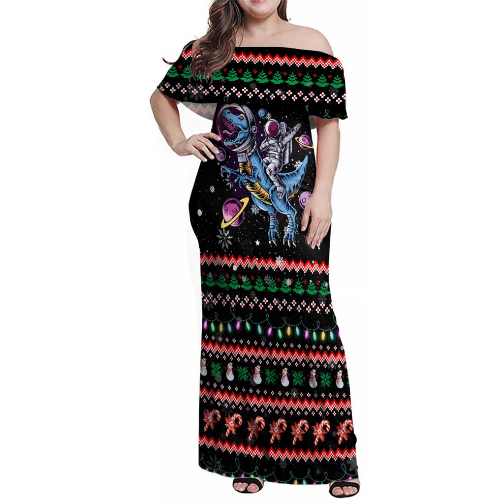 Astronauts Ride A T Rex In Space With The Planet Christmas Family Matching Off Shoulder Maxi Dress and Hawaiian Shirt Xmas Holiday Patterns - Wonder Print Shop