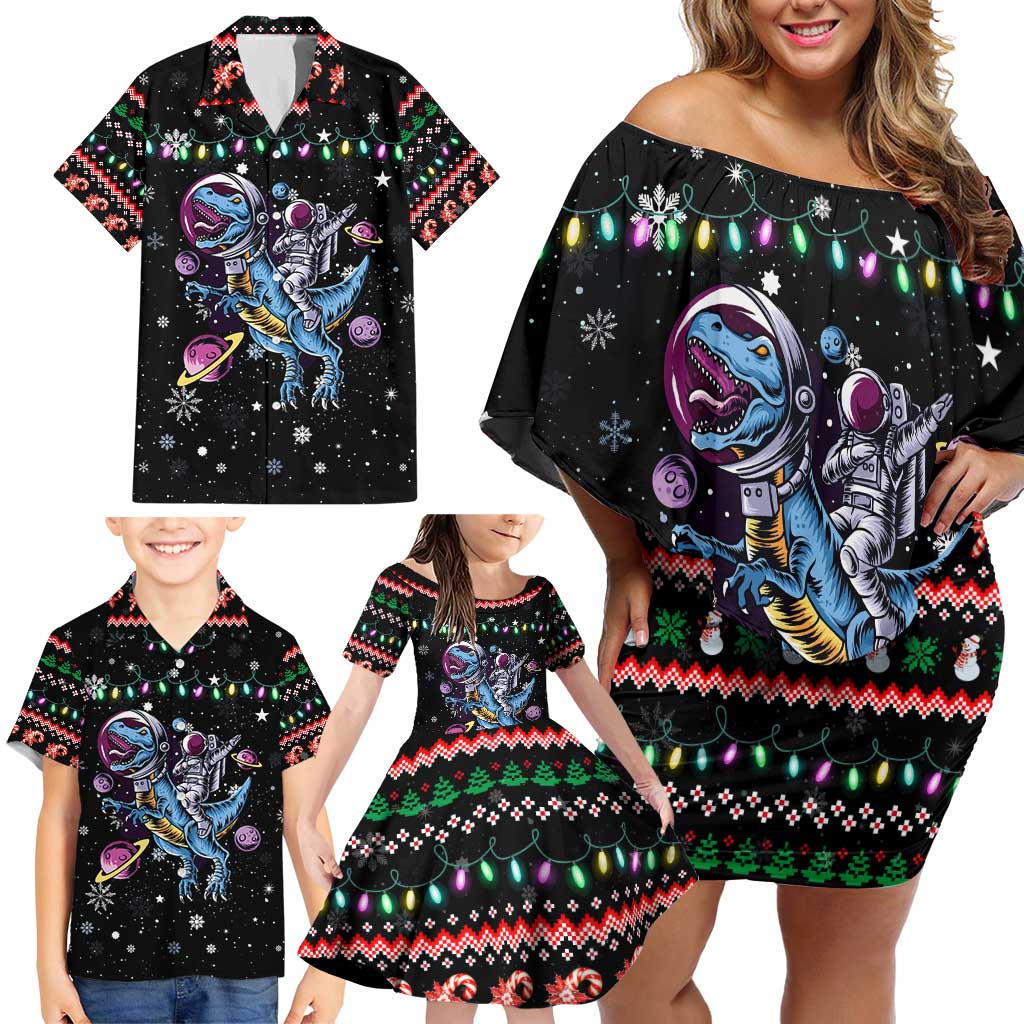 Astronauts Ride A T Rex In Space With The Planet Christmas Family Matching Off Shoulder Short Dress and Hawaiian Shirt Xmas Holiday Patterns - Wonder Print Shop