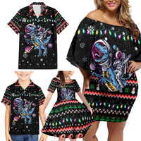 Astronauts Ride A T Rex In Space With The Planet Christmas Family Matching Off Shoulder Short Dress and Hawaiian Shirt Xmas Holiday Patterns - Wonder Print Shop