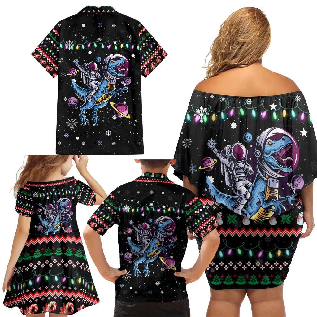 Astronauts Ride A T Rex In Space With The Planet Christmas Family Matching Off Shoulder Short Dress and Hawaiian Shirt Xmas Holiday Patterns - Wonder Print Shop