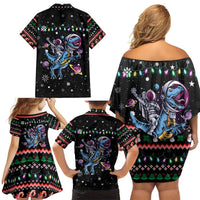 Astronauts Ride A T Rex In Space With The Planet Christmas Family Matching Off Shoulder Short Dress and Hawaiian Shirt Xmas Holiday Patterns - Wonder Print Shop