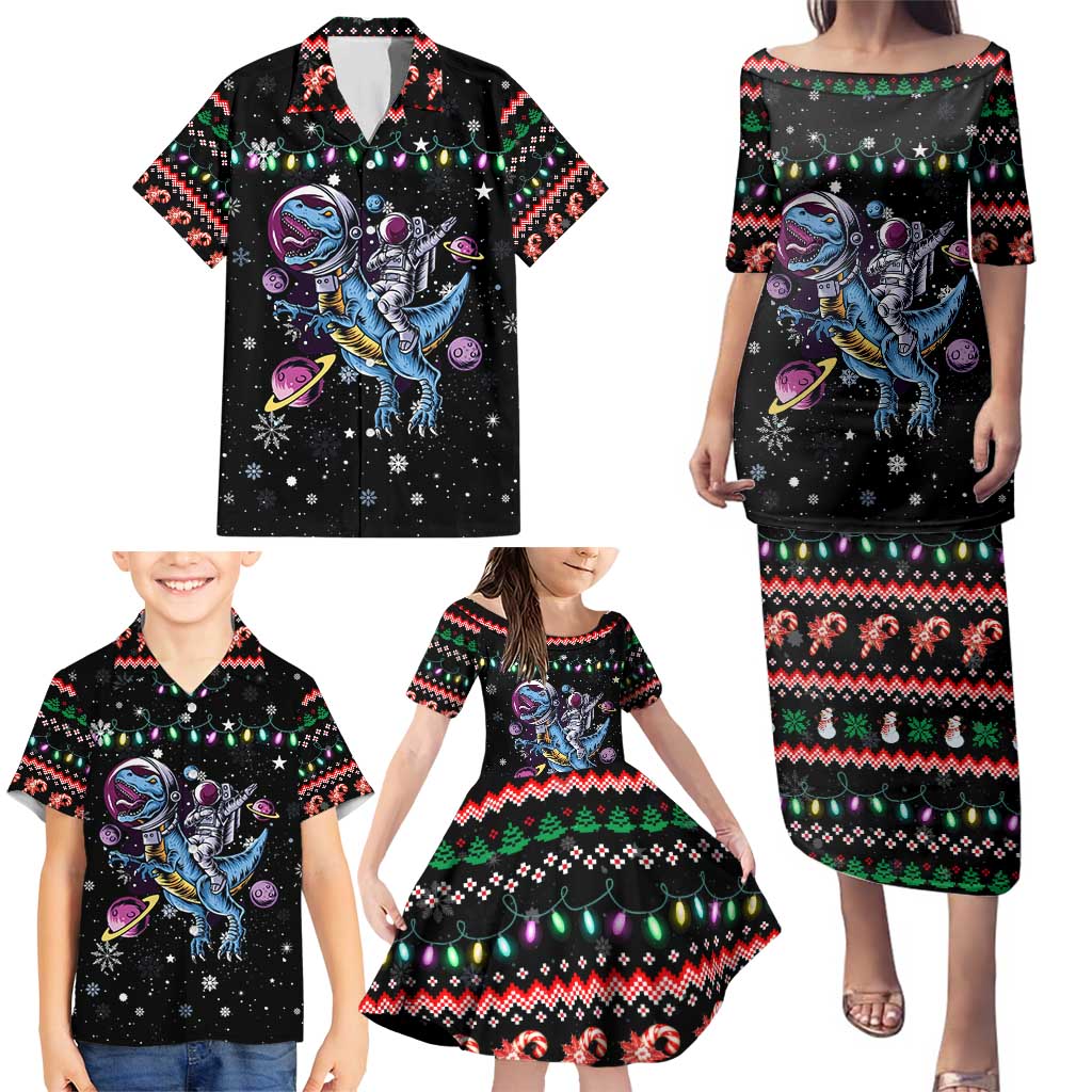 Astronauts Ride A T Rex In Space With The Planet Christmas Family Matching Puletasi and Hawaiian Shirt Xmas Holiday Patterns - Wonder Print Shop