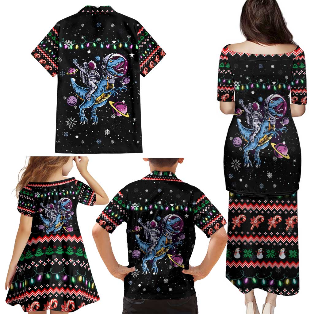 Astronauts Ride A T Rex In Space With The Planet Christmas Family Matching Puletasi and Hawaiian Shirt Xmas Holiday Patterns - Wonder Print Shop