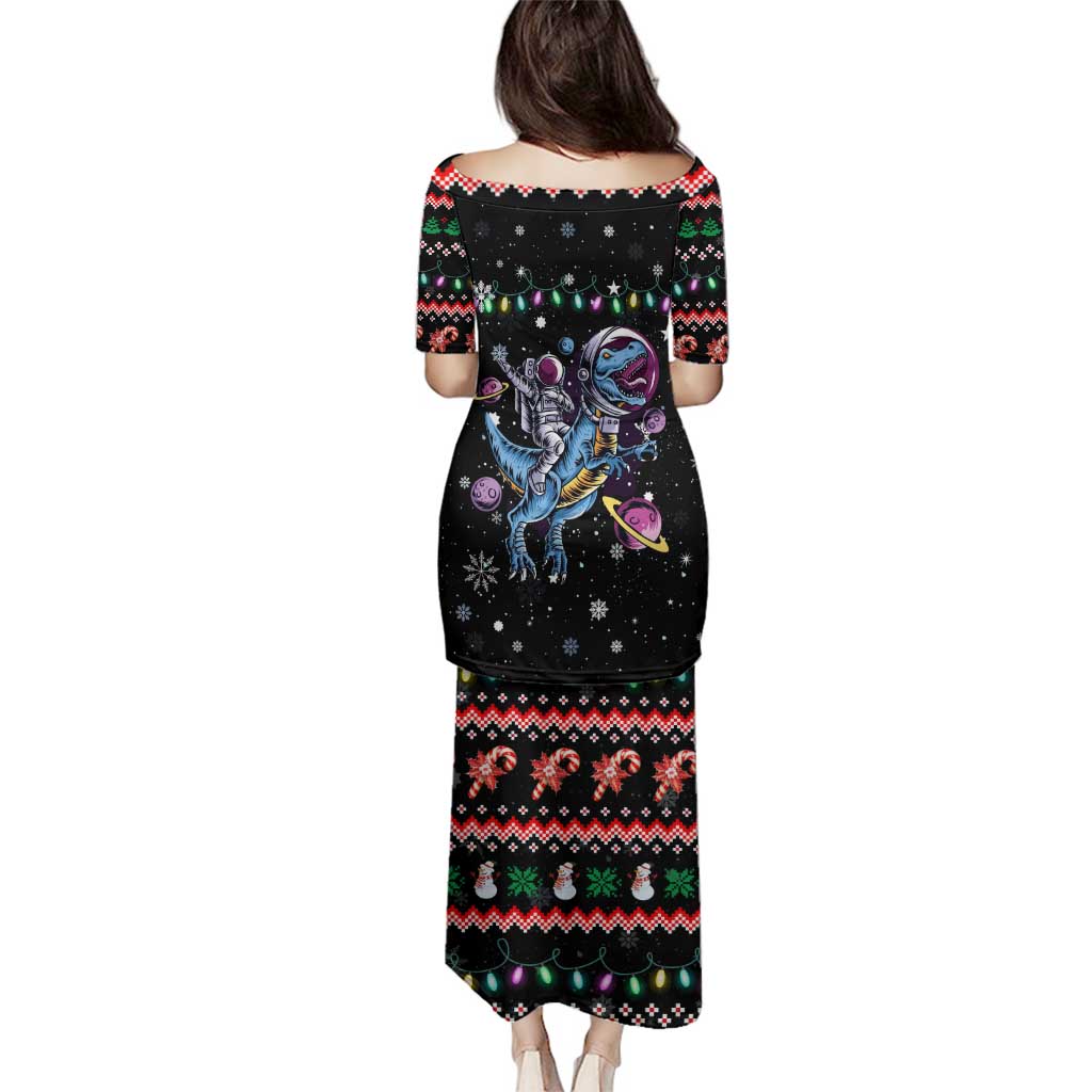 Astronauts Ride A T Rex In Space With The Planet Christmas Family Matching Puletasi and Hawaiian Shirt Xmas Holiday Patterns - Wonder Print Shop