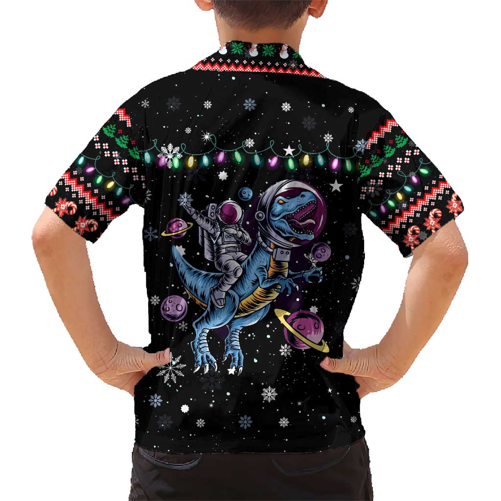 Astronauts Ride A T Rex In Space With The Planet Christmas Family Matching Short Sleeve Bodycon Dress and Hawaiian Shirt Xmas Holiday Patterns - Wonder Print Shop