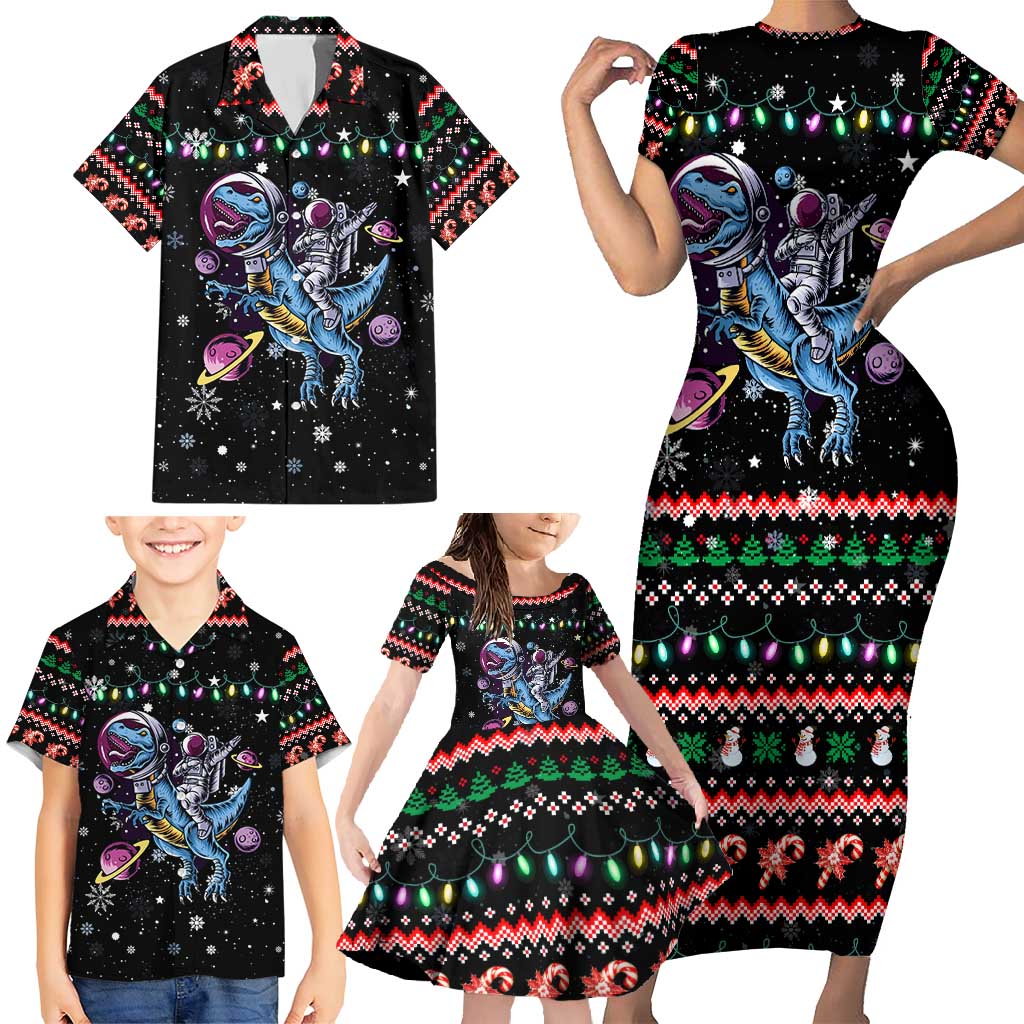 Astronauts Ride A T Rex In Space With The Planet Christmas Family Matching Short Sleeve Bodycon Dress and Hawaiian Shirt Xmas Holiday Patterns - Wonder Print Shop