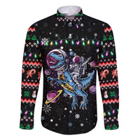 Astronauts Ride A T Rex In Space With The Planet Christmas Family Matching Short Sleeve Bodycon Dress and Hawaiian Shirt Xmas Holiday Patterns - Wonder Print Shop