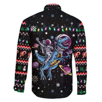 Astronauts Ride A T Rex In Space With The Planet Christmas Family Matching Short Sleeve Bodycon Dress and Hawaiian Shirt Xmas Holiday Patterns - Wonder Print Shop