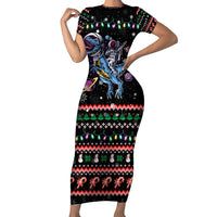 Astronauts Ride A T Rex In Space With The Planet Christmas Family Matching Short Sleeve Bodycon Dress and Hawaiian Shirt Xmas Holiday Patterns - Wonder Print Shop