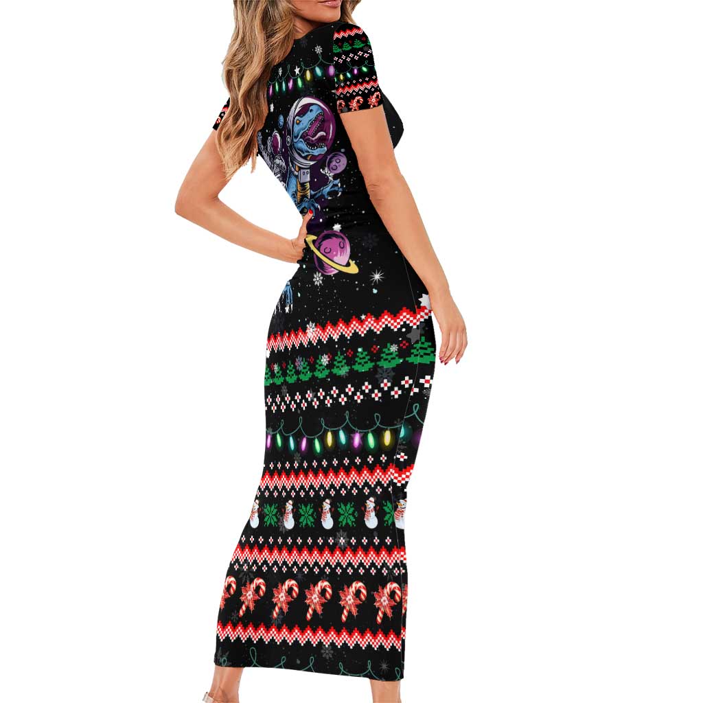 Astronauts Ride A T Rex In Space With The Planet Christmas Family Matching Short Sleeve Bodycon Dress and Hawaiian Shirt Xmas Holiday Patterns - Wonder Print Shop