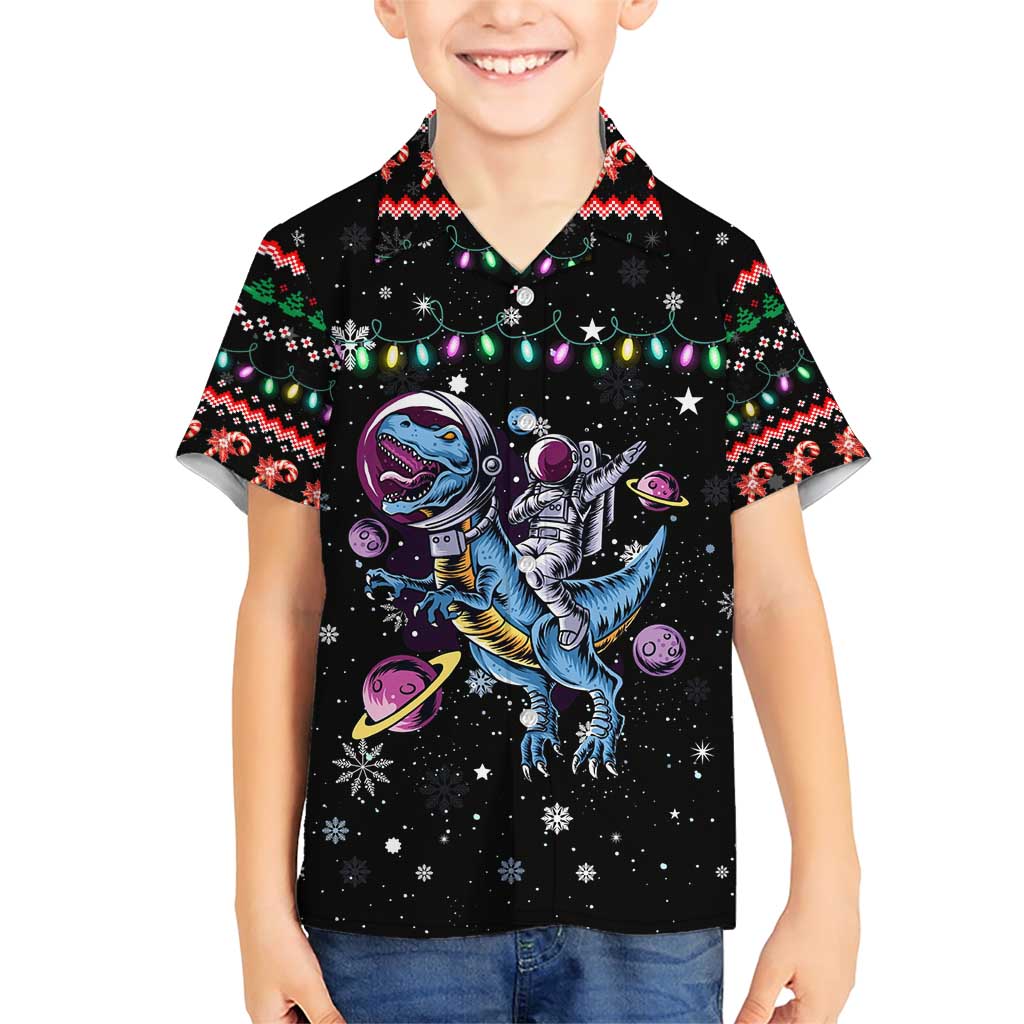 Astronauts Ride A T Rex In Space With The Planet Christmas Family Matching Short Sleeve Bodycon Dress and Hawaiian Shirt Xmas Holiday Patterns - Wonder Print Shop