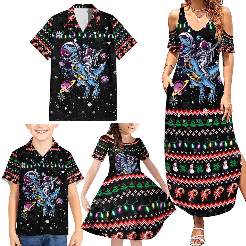 Astronauts Ride A T Rex In Space With The Planet Christmas Family Matching Summer Maxi Dress and Hawaiian Shirt Xmas Holiday Patterns - Wonder Print Shop