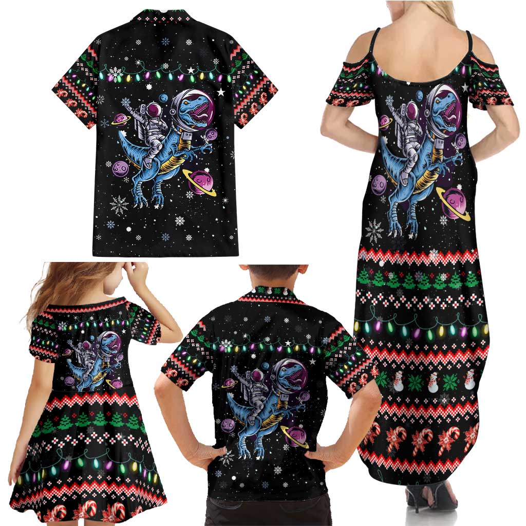 Astronauts Ride A T Rex In Space With The Planet Christmas Family Matching Summer Maxi Dress and Hawaiian Shirt Xmas Holiday Patterns - Wonder Print Shop