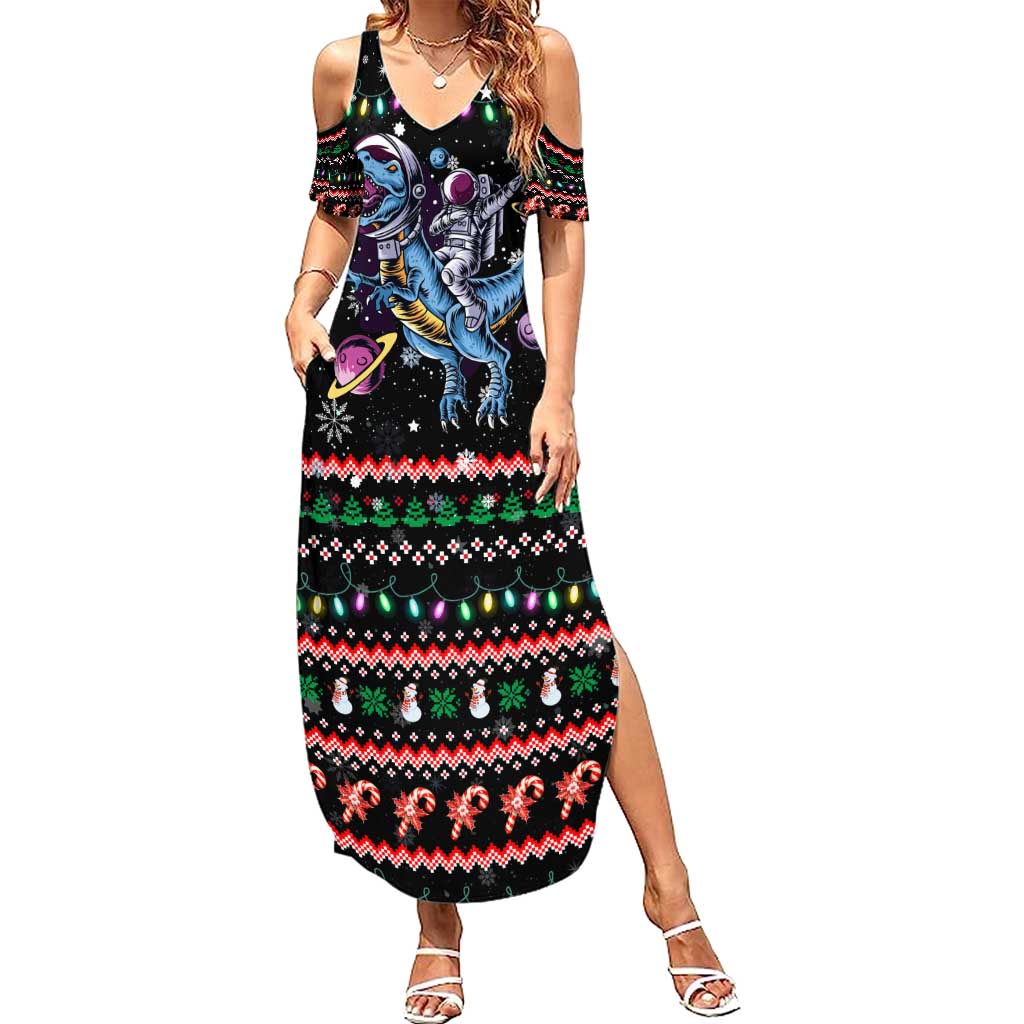 Astronauts Ride A T Rex In Space With The Planet Christmas Family Matching Summer Maxi Dress and Hawaiian Shirt Xmas Holiday Patterns - Wonder Print Shop