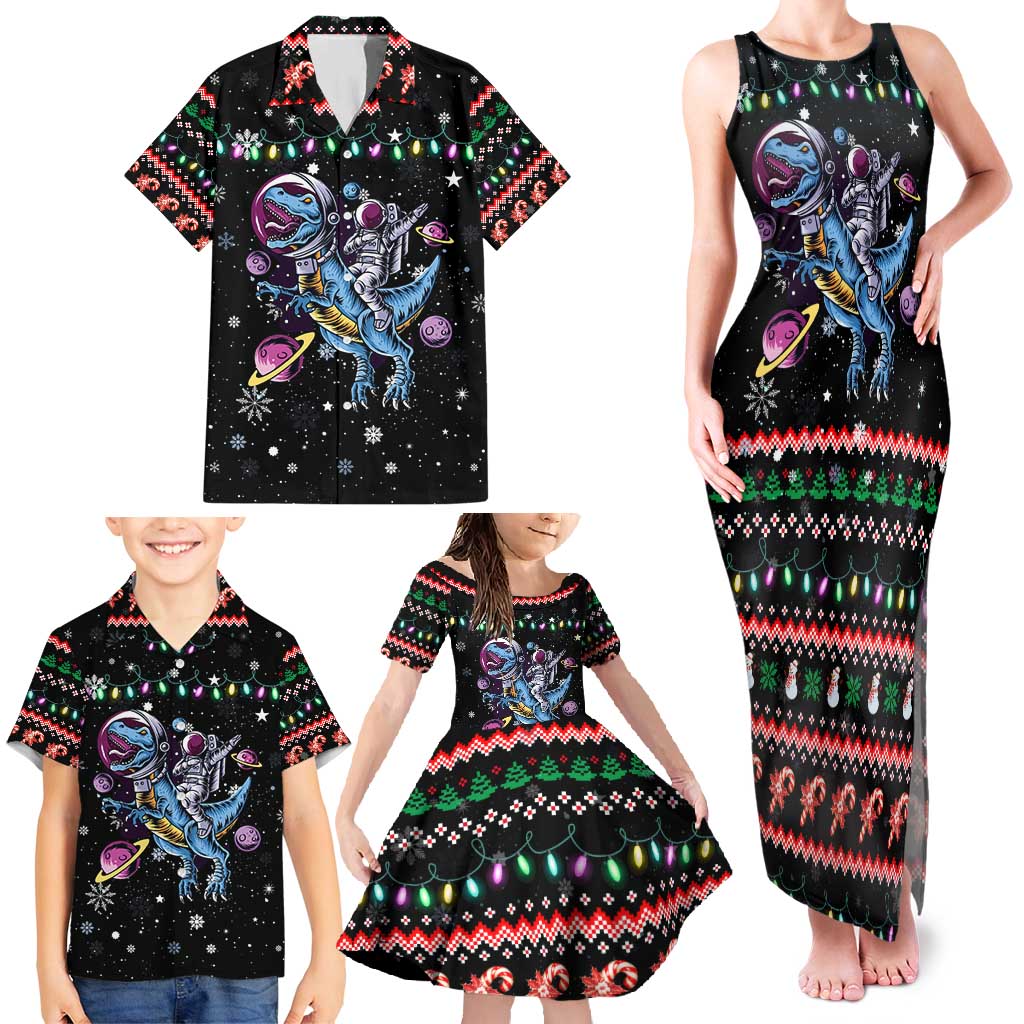 Astronauts Ride A T Rex In Space With The Planet Christmas Family Matching Tank Maxi Dress and Hawaiian Shirt Xmas Holiday Patterns - Wonder Print Shop