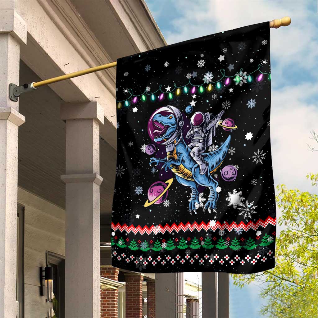 Astronauts Ride A T Rex In Space With The Planet Christmas Garden Flag Xmas Holiday Patterns - Wonder Print Shop