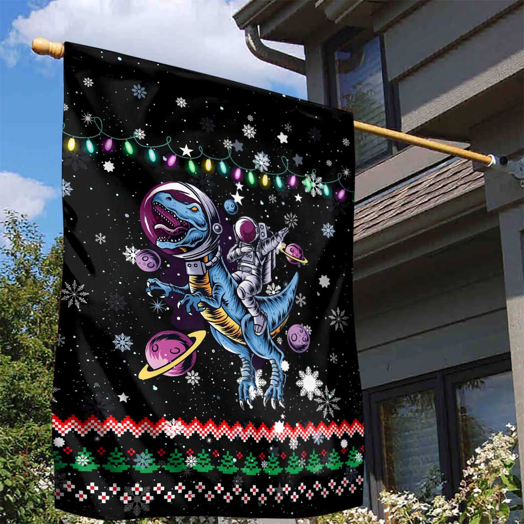 Astronauts Ride A T Rex In Space With The Planet Christmas Garden Flag Xmas Holiday Patterns - Wonder Print Shop